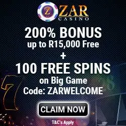 zar casino welcome offer 100 fs